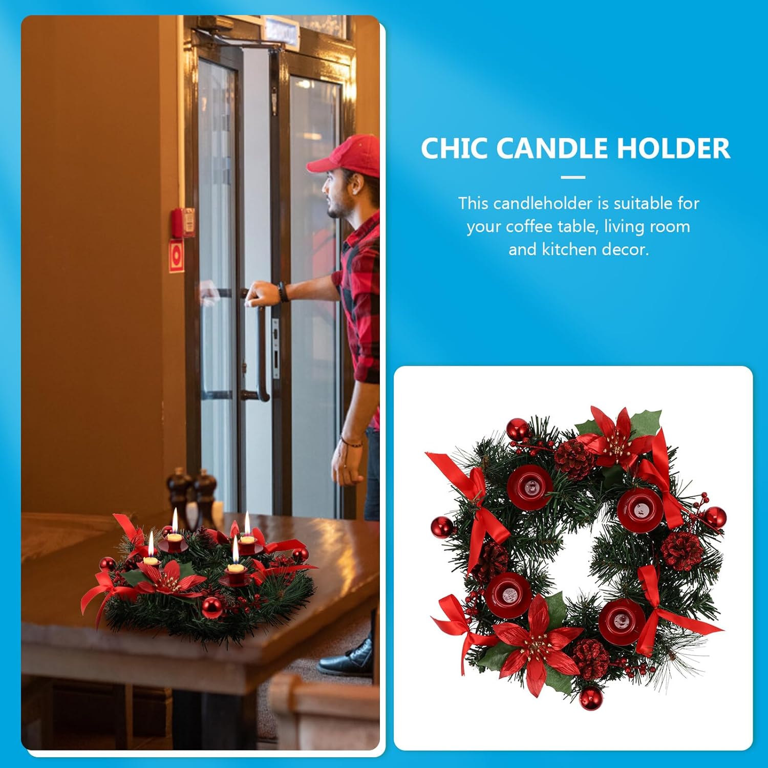 Christmas Wreath Candle Holder 30cm Red Retro Desktop Candle Decor Single-Headed Candlestick for Holiday Home Decoration