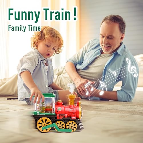 Miniatura 4 de Juguete eléctrico de tren de vapor para niños pequeños de 3 a 5 años, camión Bump and Go con locomotora de vapor, humo, luz y sonido, rotación de