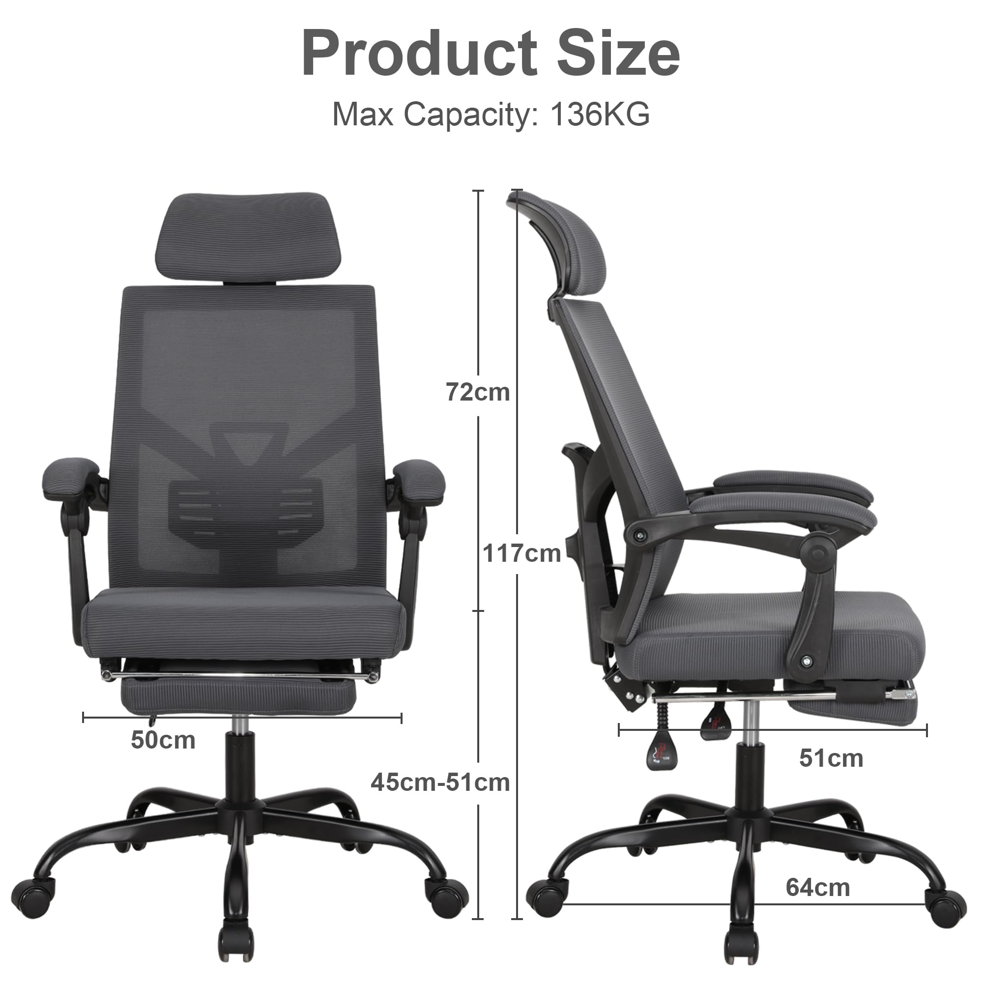 UEV Silla de Oficina Ergonómica con Reposapiés, Silla de Escritorio con Reposacabezas Ajustable, Soporte Lumbar, Regulable en Altura, Inclinable, hasta 136 kg, Tejido Transpirable, Gris