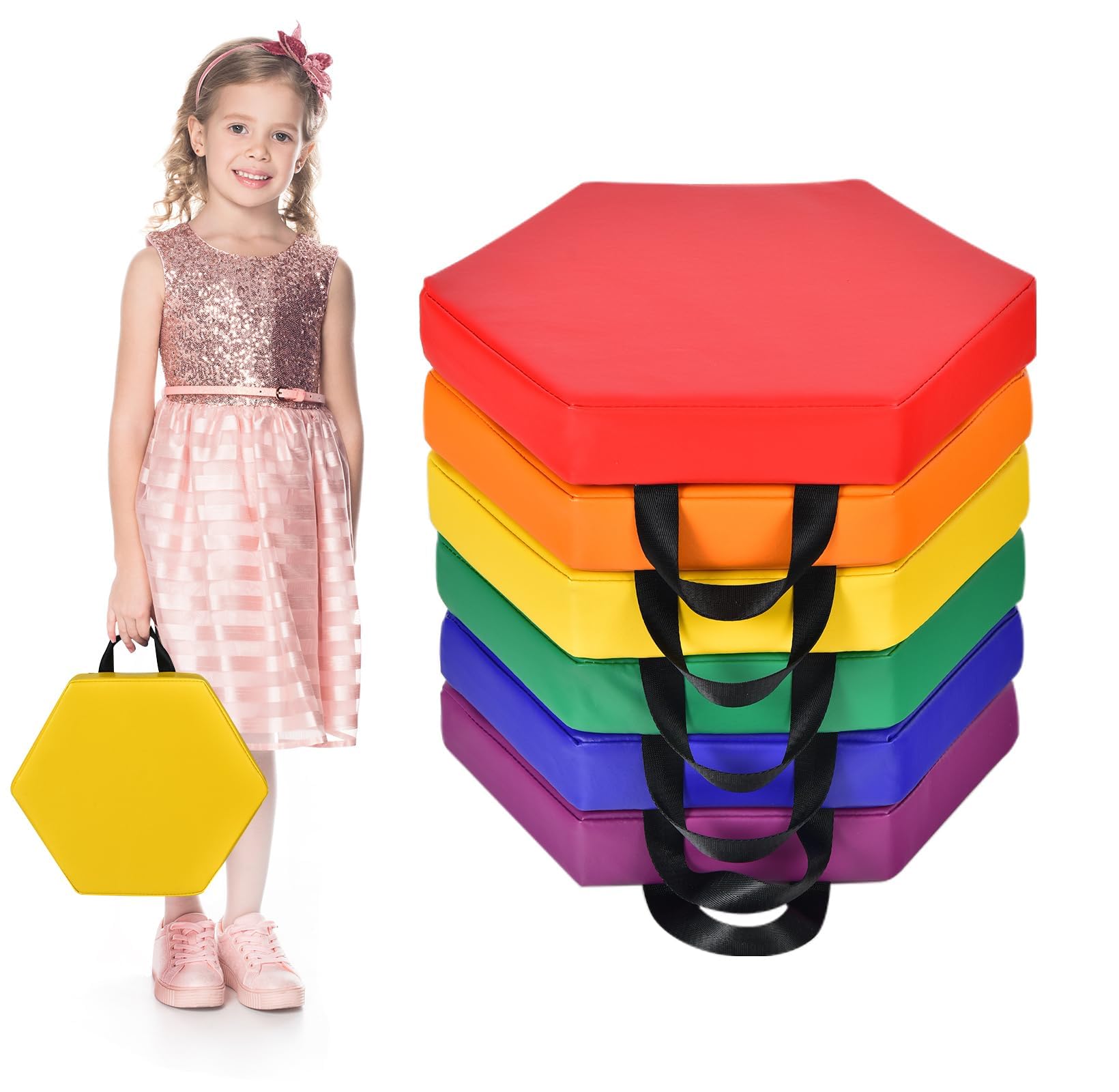 LIFEZEAL Lot 6 Coussins de Chaises pour Enfants, Galette de Chaise en Mousse et PU, Futon de Sol Adulte Empilable Multicoloré avec Poignée, 38x34x5 CM, Intérieur et Extérieur
