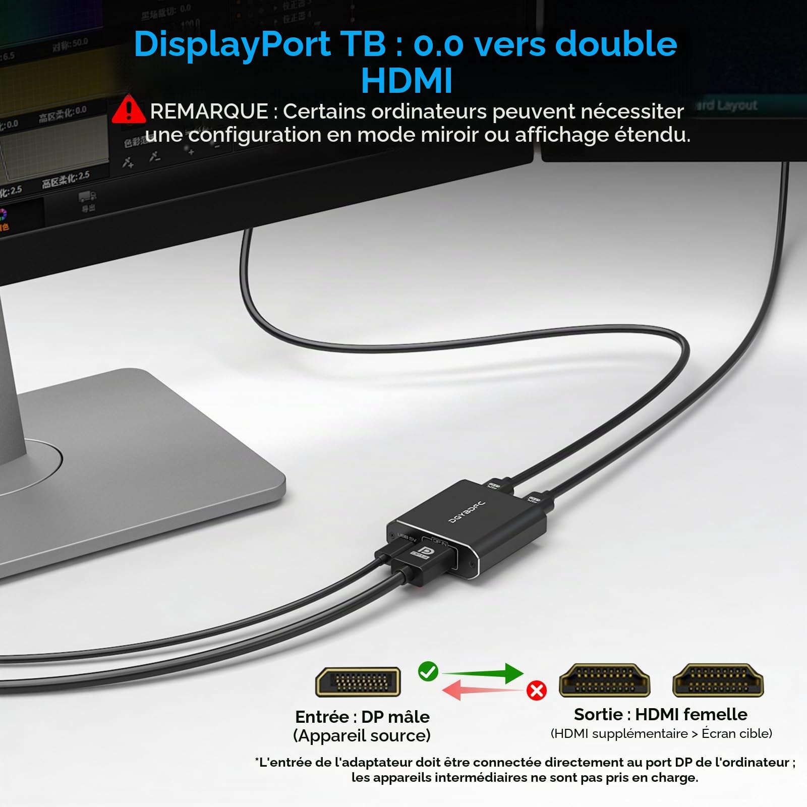 Displayport vers Dual HDMI Adaptateur 1 in 2 Out Double 4K60Hz Extend/Copy DP 1.2 vers 2 HDMI Splitter pour Deux écrans Supportant Le Mode SST/MST(MacOS Supporte Uniquement Le Mode SST)