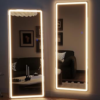 ZKIODV 178 x 65 cm Full Length Mirror with Lighting Large Wall Mirror with Light Standing Mirror with LED 3 Colours & Dimmable Large Illuminated Mirror with Stand for Living Room Entrance Hallway White XXL