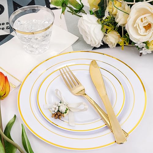 Miniatura 3 de NOCCUR 700 platos de plástico dorados, platos dorados para 100 invitados, platos de plástico blanco con borde dorado, incluyen 100 platos llanos,