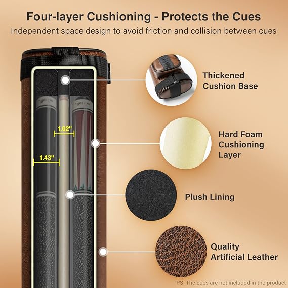Adhafera Pool Cue Case, 2 X 2 Hard Pool Stick Case, Billiards Accessories | Fit 2-Piece Cue Up to 58, Faux Leather, Two Pockets, Hard Case