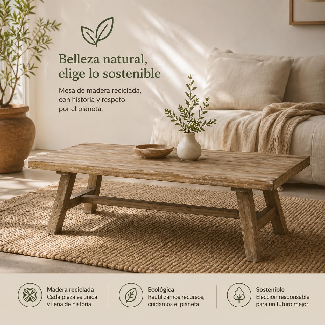 Mesa de Centro de Madera Reciclada Estilo WABI Sabi -con Patas Inclinadas y Refuerzo Horizontal - Mesa Auxiliar de Madera Maciza Sostenible Apto para salón y Pasillo. 120x55x38cm XZ-24897