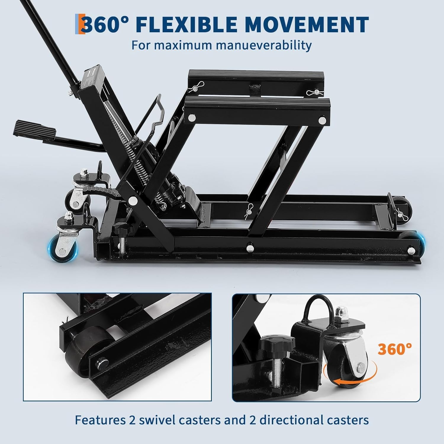 1500LBS/680KG Hydraulic Motorcycle ATV Lift Jack with 3-Position Safety Lock, Foot Pedal, Low Profile & Swivel Casters, Heavy Duty Steel for Garage Maintenance