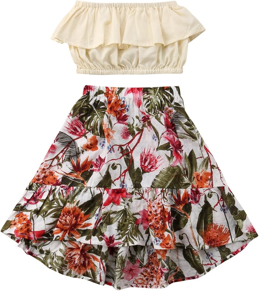 2Pcs Kids Baby Toddler Girl Sunflower Outfits Off Shoulder Crop Tops + Skirt Clothes Set
