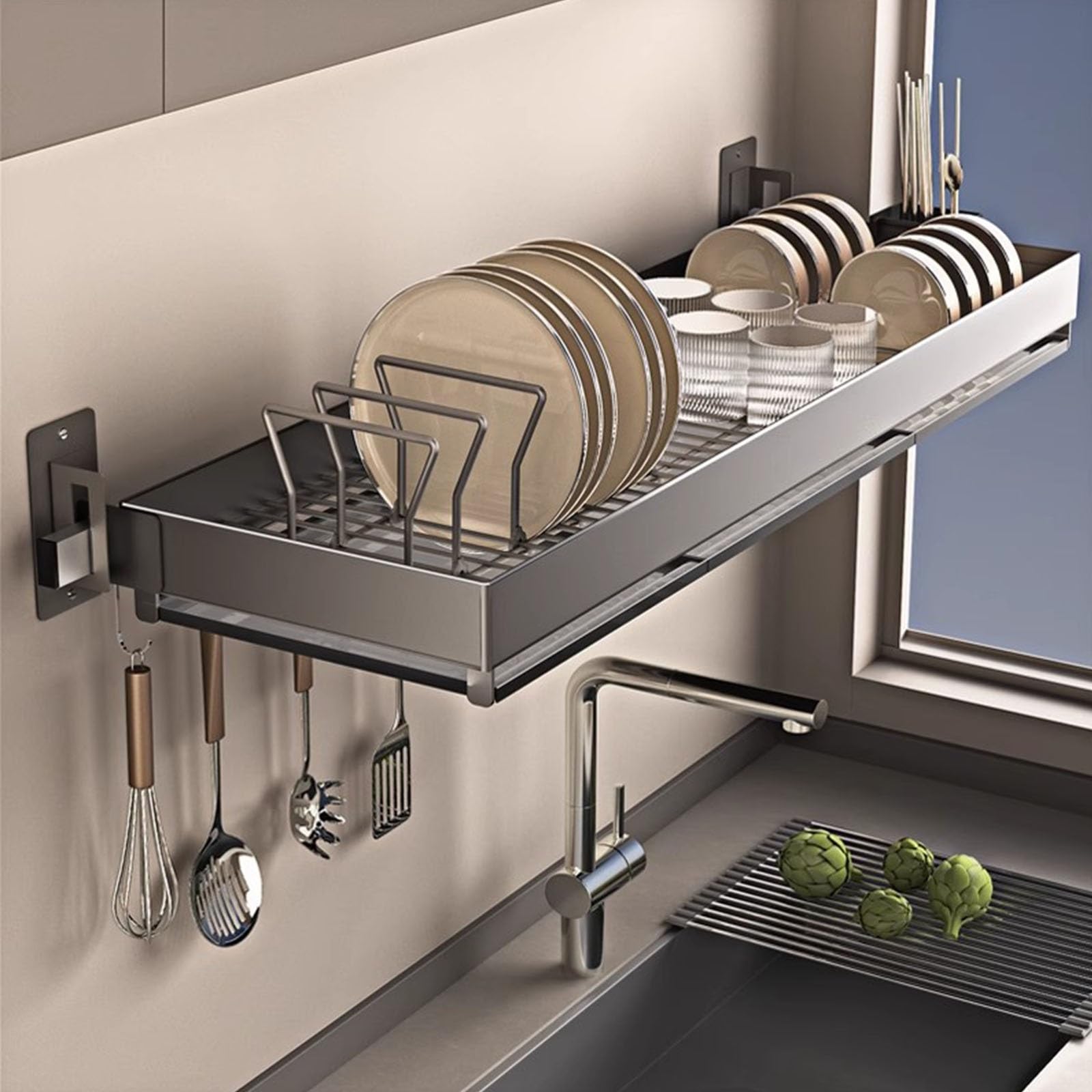 Wandmontierter Geschirrtrockner über Der Spüle, Hängender Küchenorganizer Aus Edelstahl Mit Abtropffläche Und Haken, Platzsparende Ablage Für Teller Und Besteck Single Layer 80cm