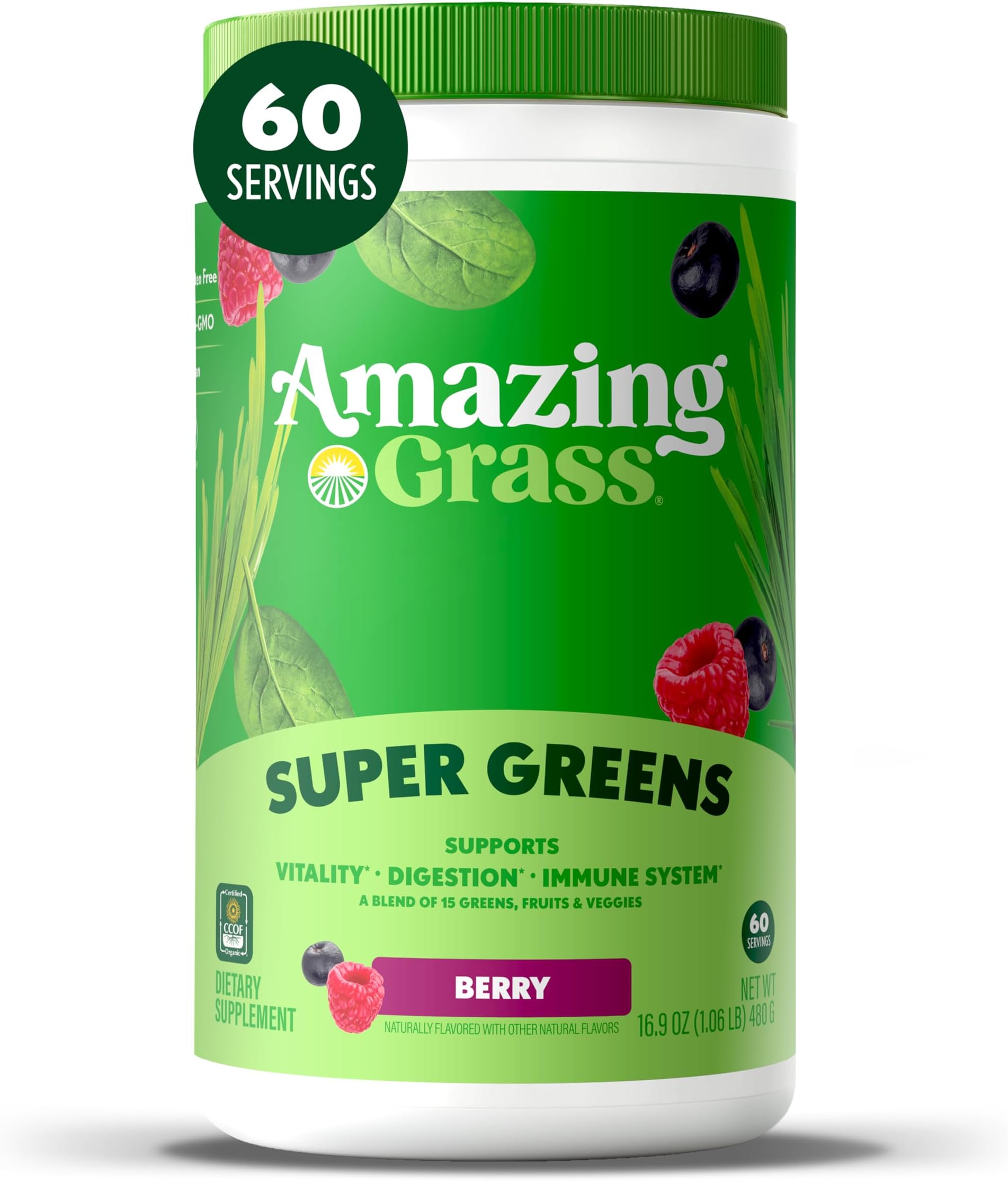 Greens Blend Superfood: Super Greens Powder Smoothie Mix with Organic Spirulina, Chlorella, Beet Root Powder, Digestive Enzymes & Probiotics, Berry, 60 Servings (Packaging May Vary)