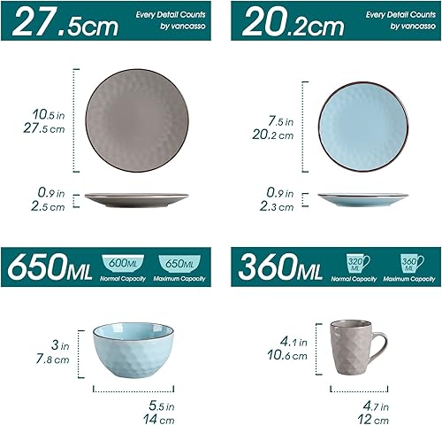 Miniatura 2 de vancasso Juego de vajilla con relieve de gemas para 4, servicio de cena azul y gris con borde marrón, juego de vajilla de 16 piezas con plato de