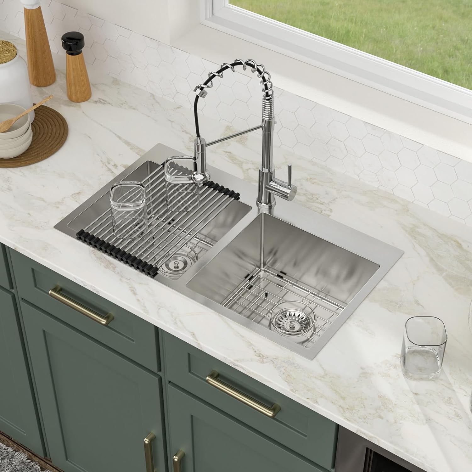 Logmey 32 Inch Drop In Double Bowl Sink - 32x18 Inches Handmade Stainless Steel Doble Sink 16 Gauge 50/50 Double Bowl Kitchen Sink 32x18x9 Inches Topmount Sinks