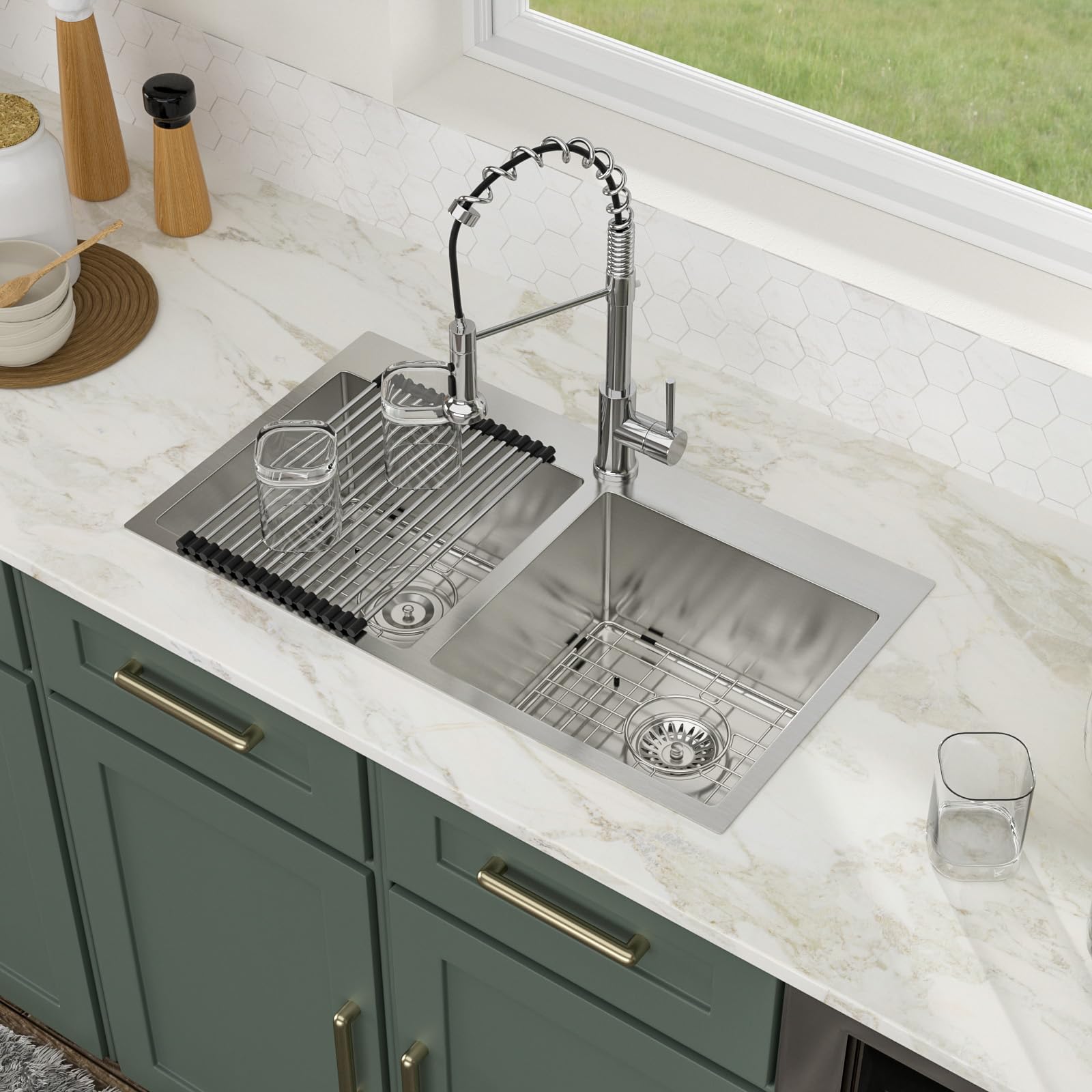 Drop In Double Bowl Sink - Logmey 32 Inch Stainless Steel Doble Sink 16 Gauge 50/50 Double Bowl Kitchen Sink 32x18x9 Inches Topmount Sink