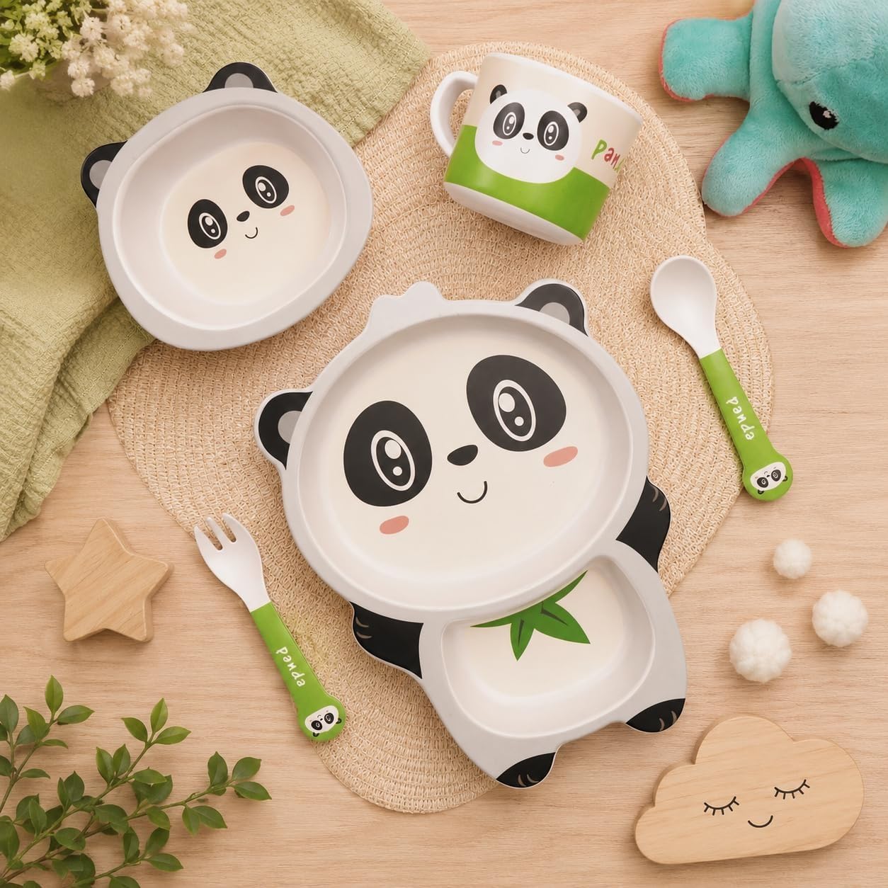 Kids Bamboo Fiber Panda Meal Set, 5 Pcs Daily Use Feeding Set with Plate, Bowl, Cup, Spoon & Fork, Toddler Dinnerware Set for Everyday Meals, Home & Travel-image-14