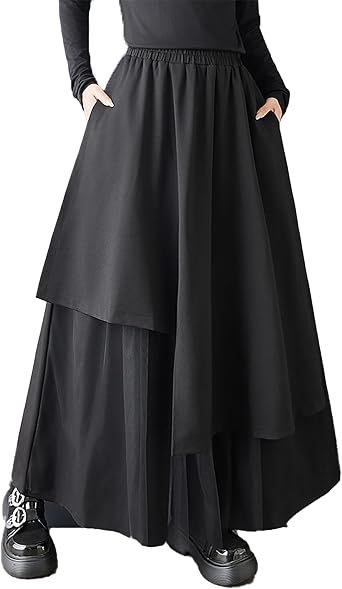 ellazhu Womens Mesh Patchwork Wide Leg Pants Oversized Elastic Waist Side Pockets Loose Irregular Palazzo Trousers GZ876 A