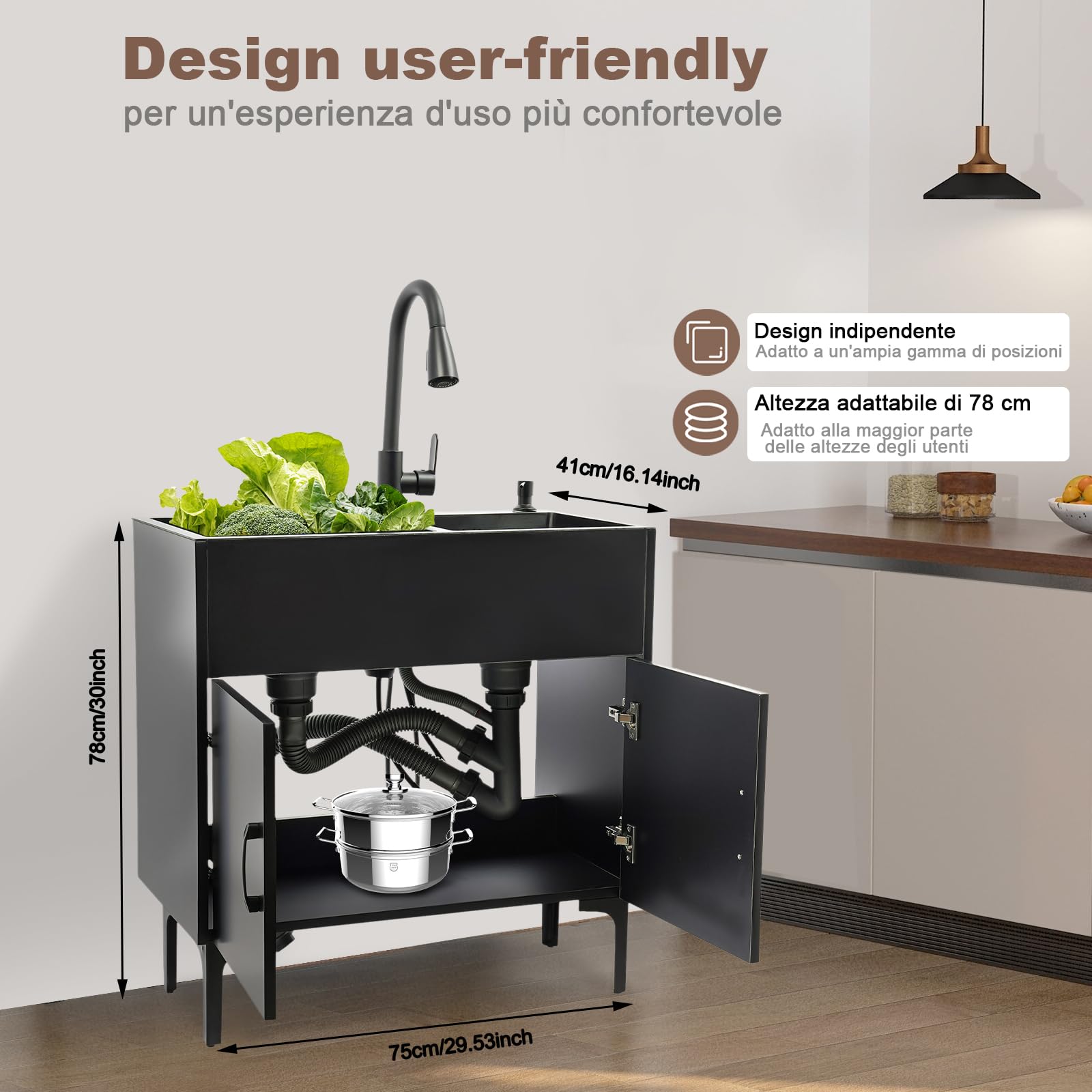 Lavello da cucina autoportante, lavello per bucato con armadio in legno, lavello in acciaio inox con doppia vasca, lavello a 2 vasche con rubinetto estraibile, scolapiatti, dispenser di sapone (nero