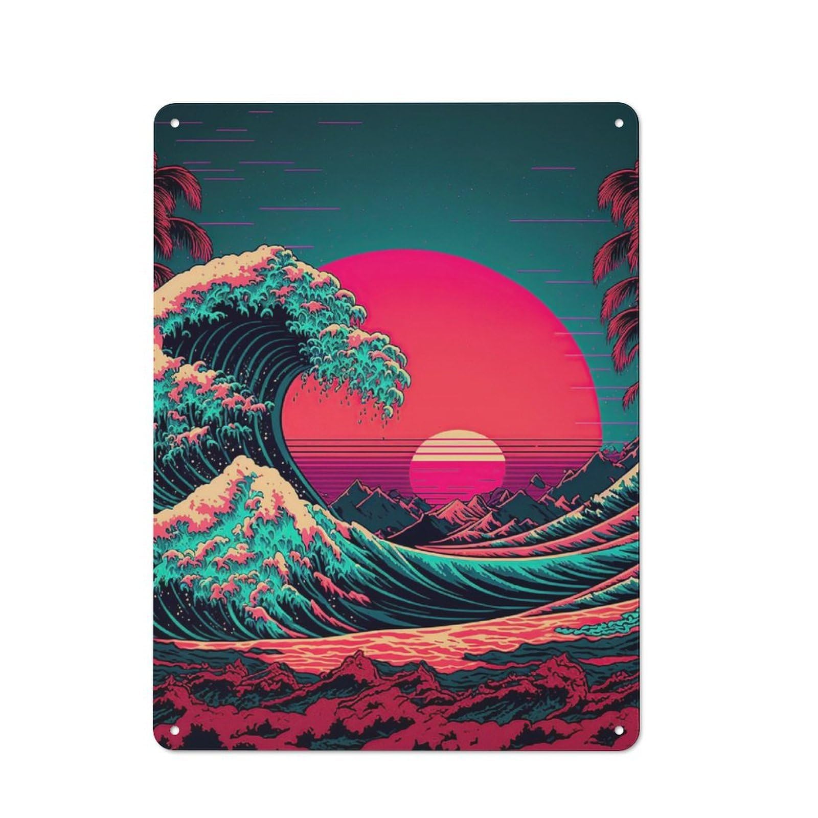 Junmoney Ocean Wave Japan Metal Wall Art Sign With Design 40X30cm, Modern Retro Urban Room Decor For Workspace, Cafe, Hallway Or Garage