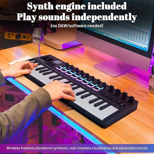 Miniatura 45 de M-WAVE Controlador de teclado MIDI USB de 25 teclas con 8 almohadillas retroiluminadas, teclado dinámico profesional semiponderado Bluetooth, 8