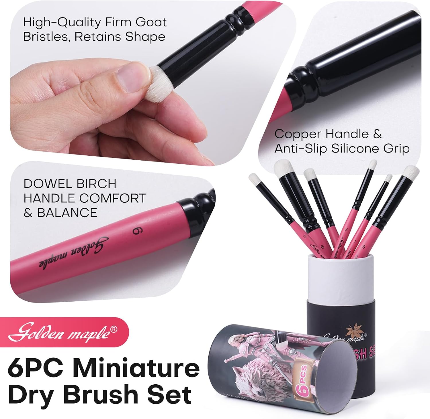 Golden Maple Dry Brush Miniature Painting Drybrush Set - 6PC Professional Modellers Miniature Paint Brushes for Miniatures, Model, Enamel & Fantasy Figurines Painting, Red