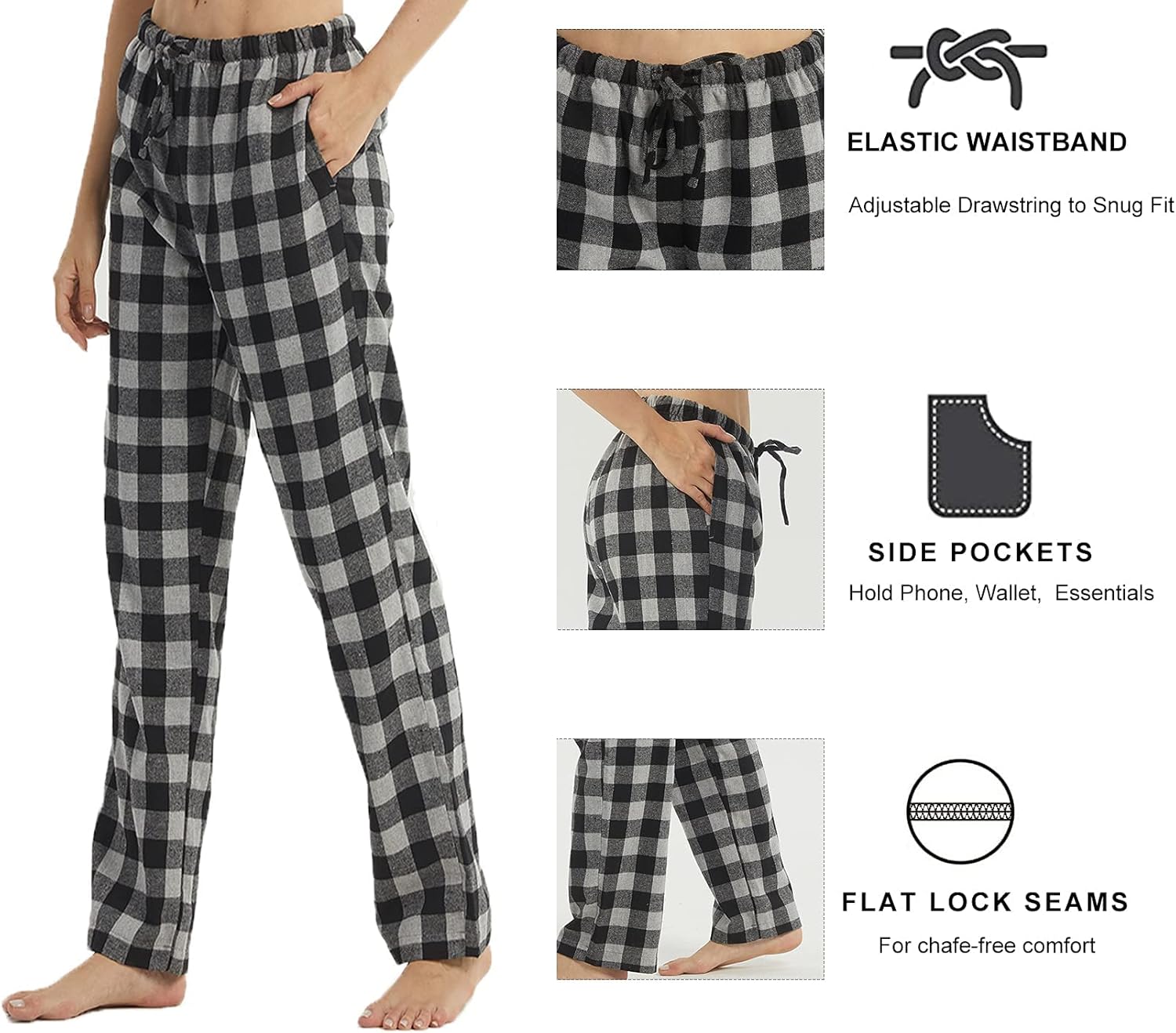 Christmas Pajama Bottoms Women Cotton Flannel Pj Pants Fuzzy Plaid Pajamas with pockets & drawstring Soft Lounge Sleepwear - Image 3