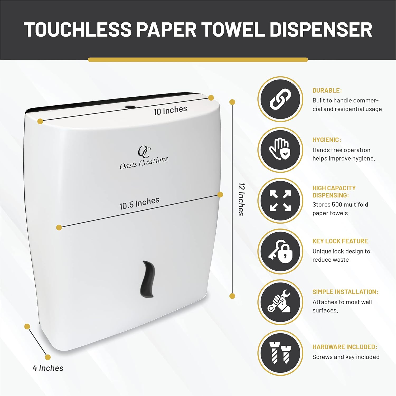 Touchless White Paper Towel Dispenser by Oasis Creations-Wall Mount Hanging Hand Towel Holder- Hands Free-500 Multifold Tissues-Bathroom & Kitchen Accessories-Key Lock Feature-Restaurant & Office