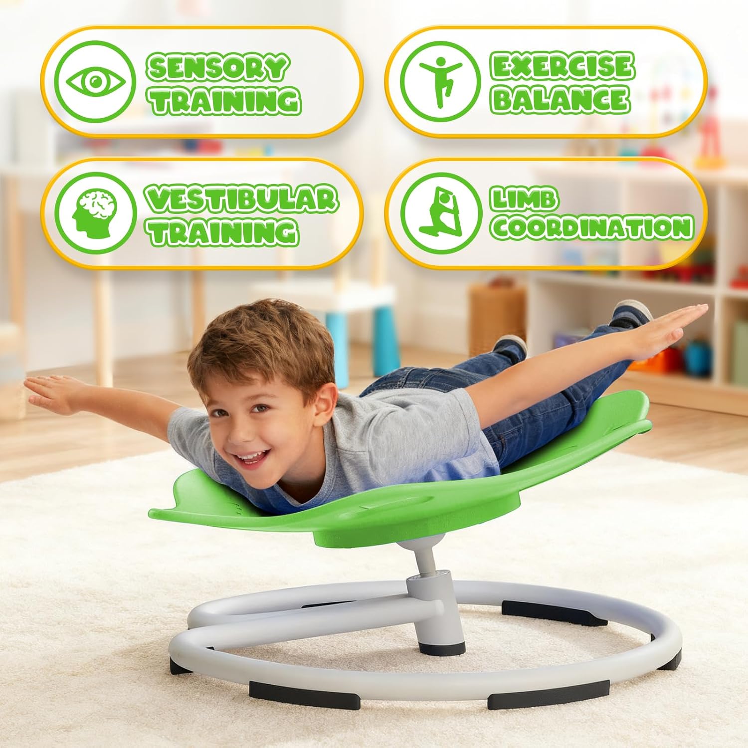 Spinning Chair for Autistic Kids, Sensory Swivel Chairs, Sit and Spin Sensory Toys with Grippable Handle Design, Trains Body Coordination, Autism ADHD Chairs Indoor Outdoor Play Equipment (Green)