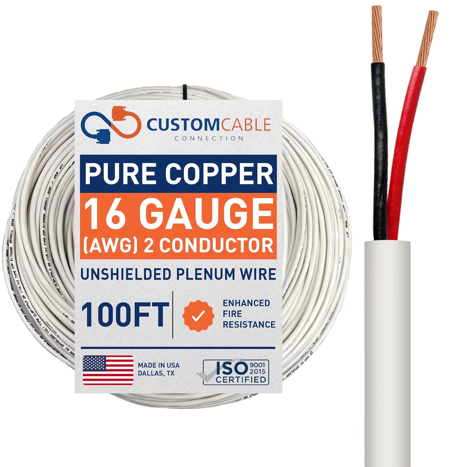 16 Gauge Wire (16 AWG) - 2 Conductor Stranded Copper Unshielded Cable - UL Listed 16/2 Home Electrical Wire - Low Voltage Up to 300V - CMP/CL3P Low Smoke Plenum Jacket - USA Made (100ft)