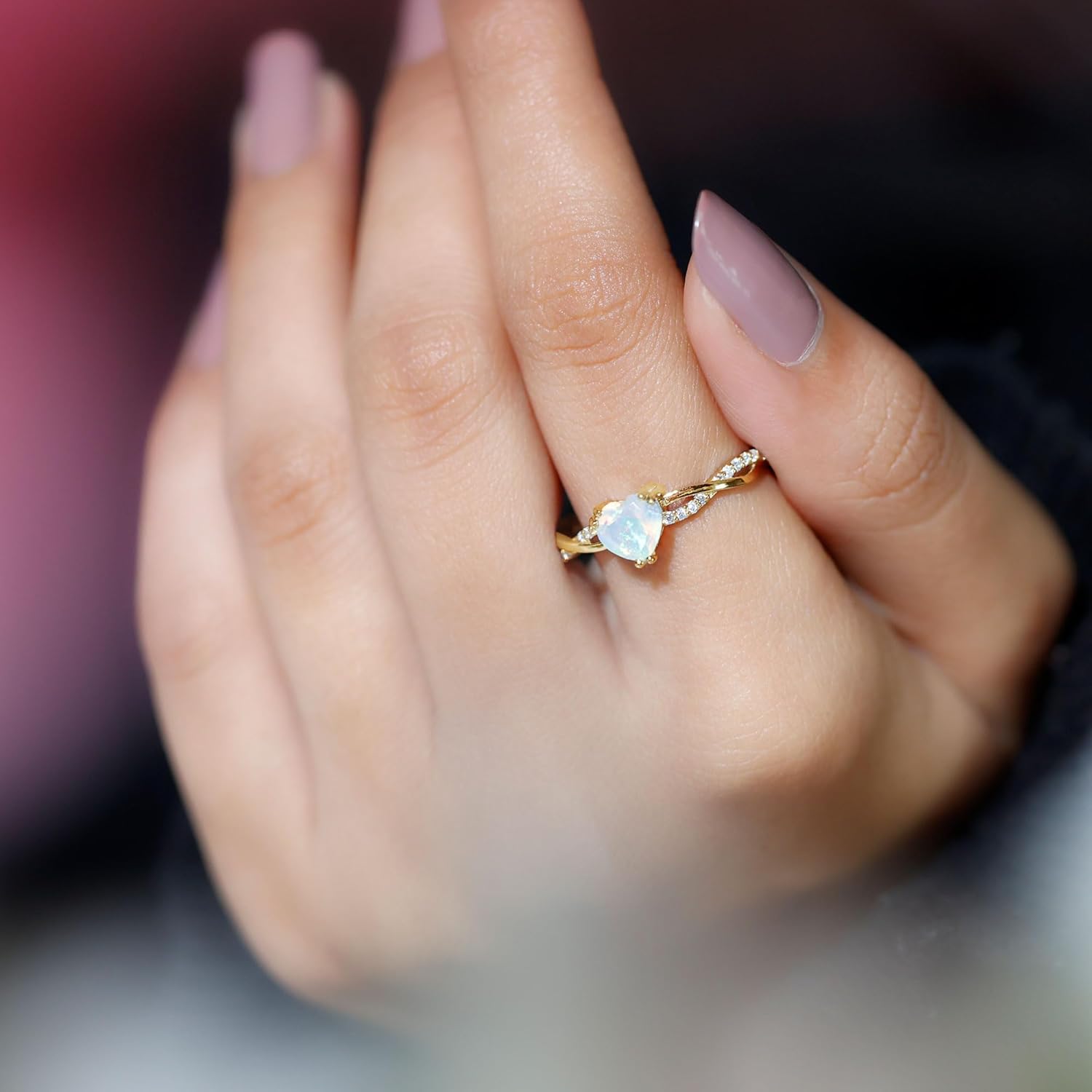 Natural Ethiopian Opal Diamond Promise Ring, AAA Quality, Certified Opal 6MM Heart Shaped Ring - With Jewelry Box