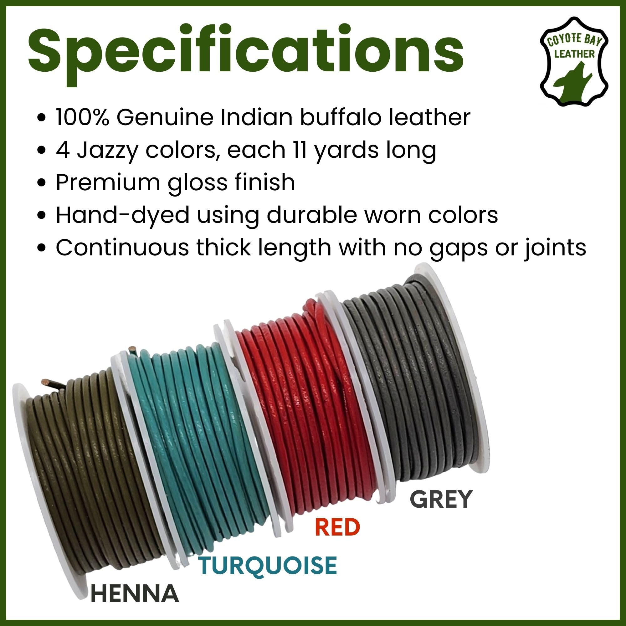 Coyote Bay® Genuine Leather Cord in 4 Glossy Colors, 44 Yards Total Length, 1.5mm and 2mm Thickness, for Jewelry Making, Crafts, Furniture, and Hobby Projects (2 mm)