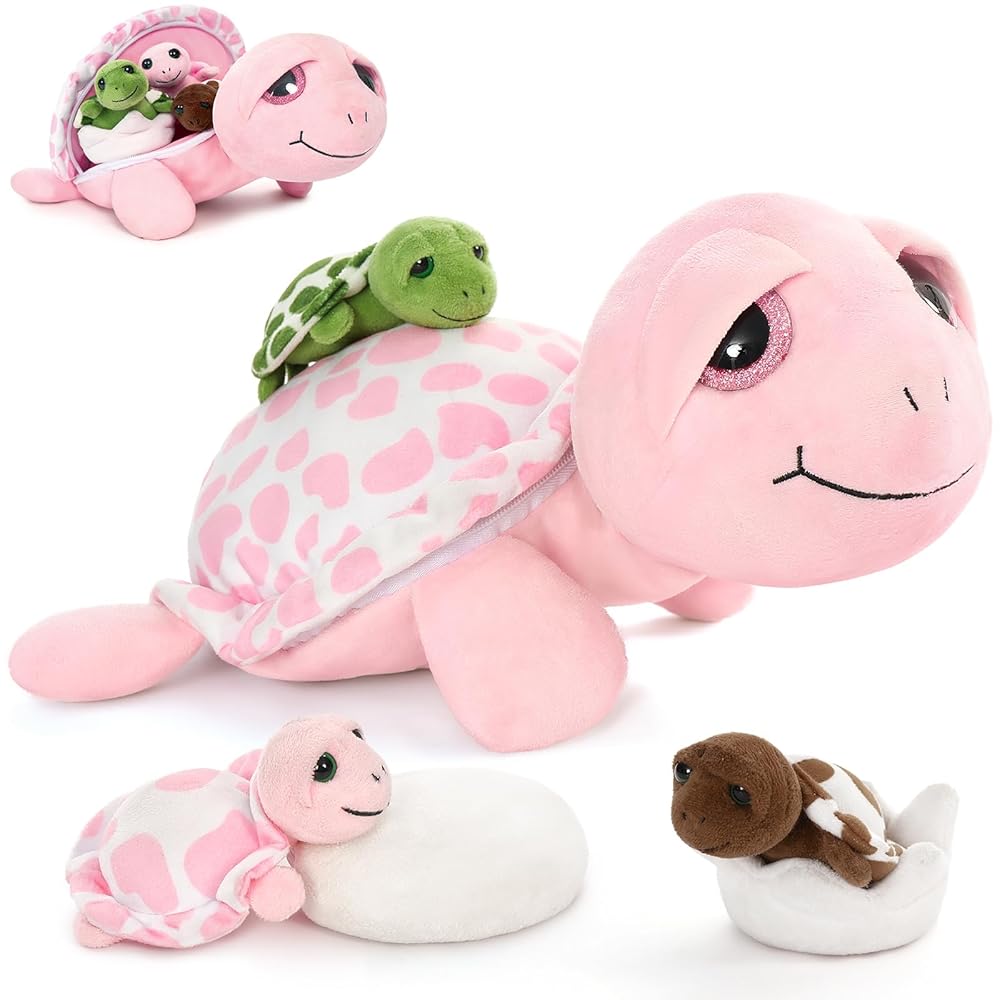 MorisMos Sea Turtle Stuffed Animal with Babies,14 in Mommy Turtle with 3 Baby Turtles Toys, 2 Plush Eggs inside Belly Pouch,Big-Eyed Stuffed Animal for Toddlers Kids,Pink Tortoise Gifts for Girls Boys