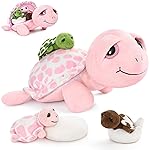 MorisMos Sea Turtle Stuffed Animal with Babies,14 in Mommy Turtle with 3 Baby Turtles Toys, 2 Plush Eggs inside Belly Pouch,Big-Eyed Stuffed Animal for Toddlers Kids,Pink Tortoise Gifts for Girls Boys