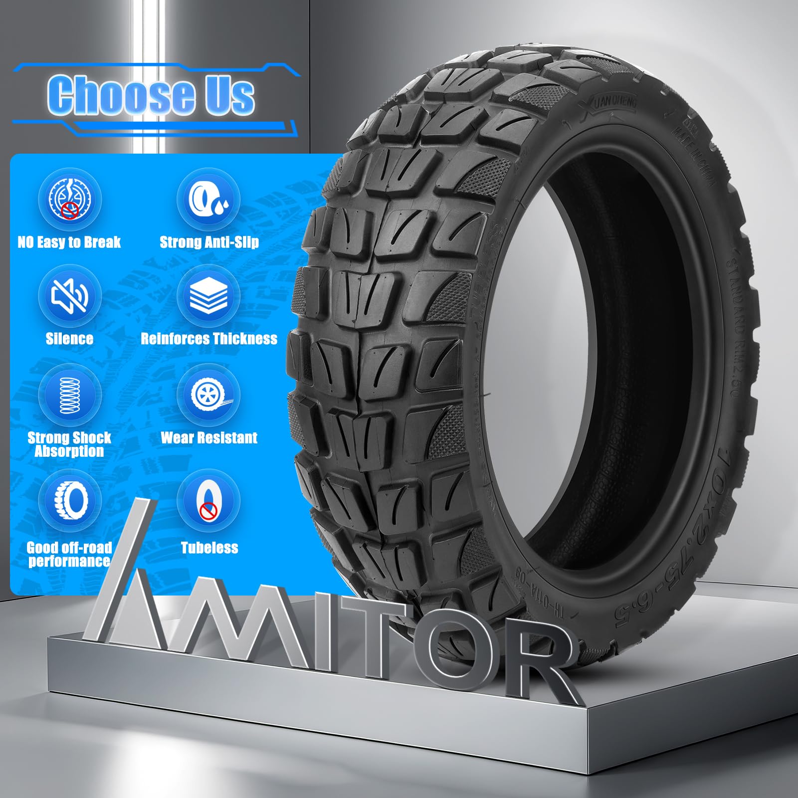 Pneu 10x2.75-6.5 Tubeless Offroad pour Kukirin G2 Master Trotinette Électrique, Pneu Tubeless 10x2.75-6.5 Tout Terrain, 10 Pouces Pneu Sans Chambre a Air avec Valve, Anti-Usure & Dérapant, 1PCS