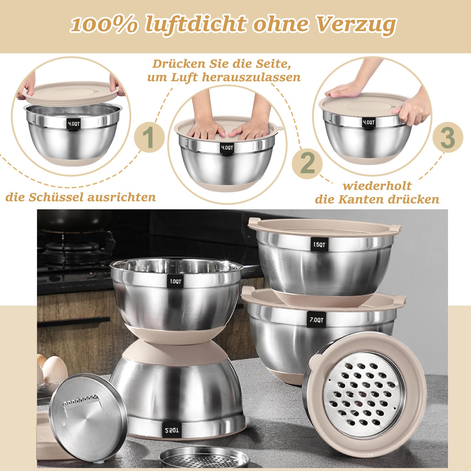 Terlulu Rührschüssel 6er Set, Edelstahl Schüssel Salatschüssel mit Luftdichtem Deckel & Silikonboden, 3 Reibenaufsätzen, Schüsselset zum Backen/Servieren, 6.6 L/3.8 L/2.4 L/1.9 L/1.4 L/0.6 L - Khaki