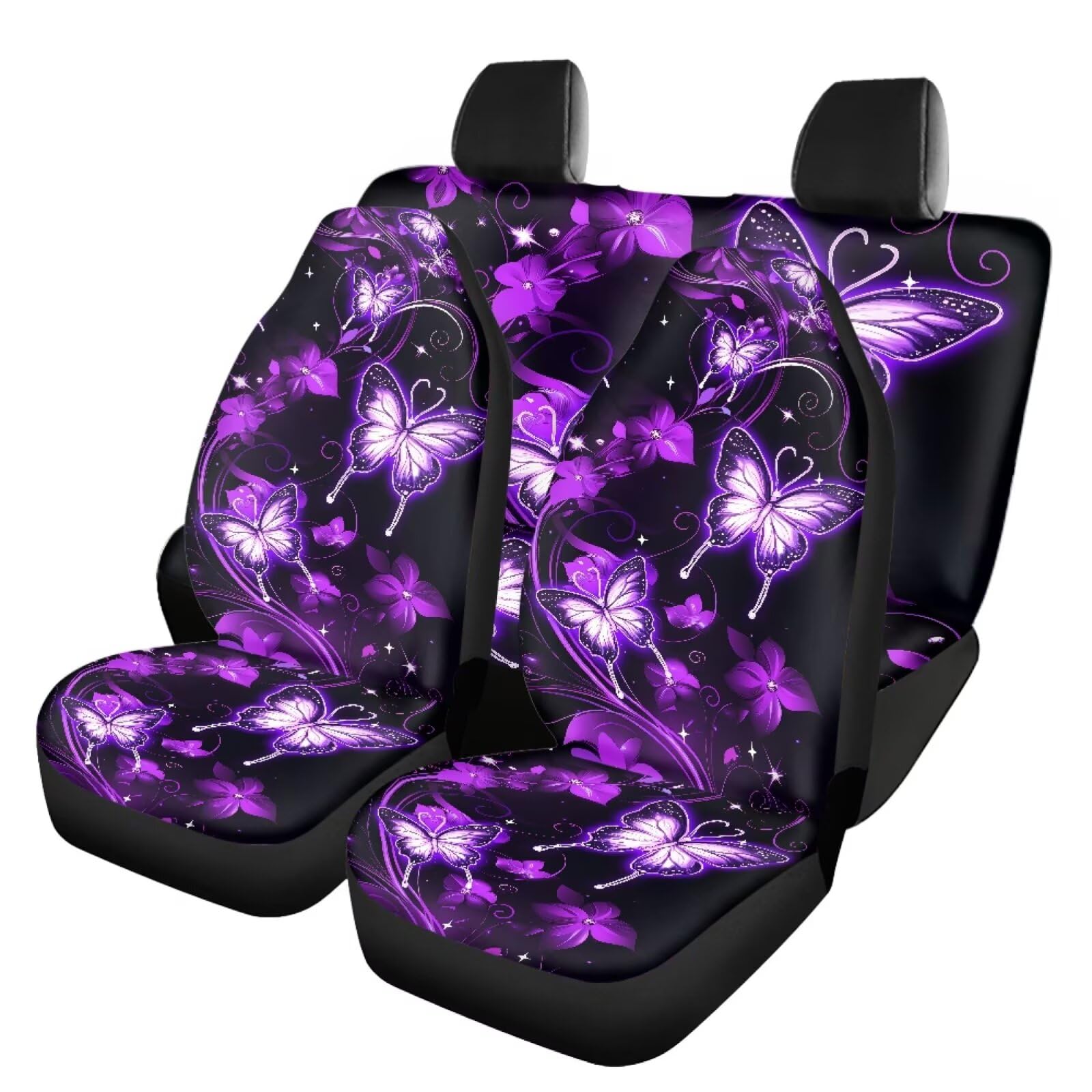 Galaxy Schmetterling Autositzbedeckung Set für Vorder- und Rückfrauen Stretchy Geteilter Sitzbezug Universal-Fahrzeug-Eimer-Sitzpad Vollständiges Set 4 Stück Auto Innenraum Zubehör Set