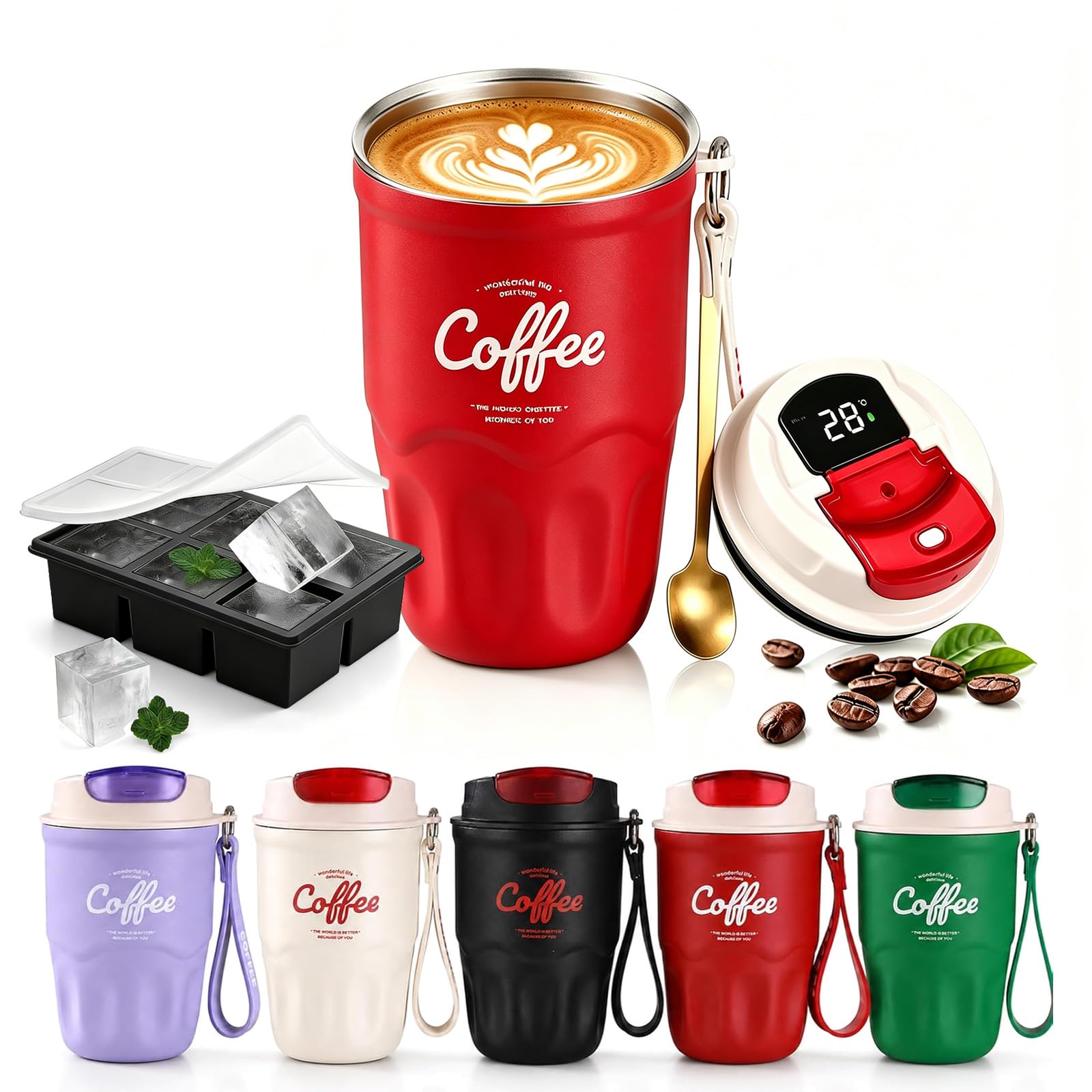 Gobelet isotherme pour café avec couvercle et poignée - Tasse de voyage portable en acier inoxydable 316 - Double paroi pour boissons chaudes et froides (rouge, affichage de la température)