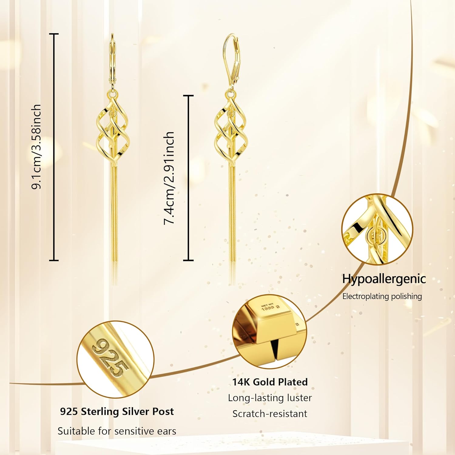 925 Sterling Silver Tassel Earrings for Women, French Style Hypoallergenic Leverback Earrings Dangle Trendy for Prom Party Winter - Image 5