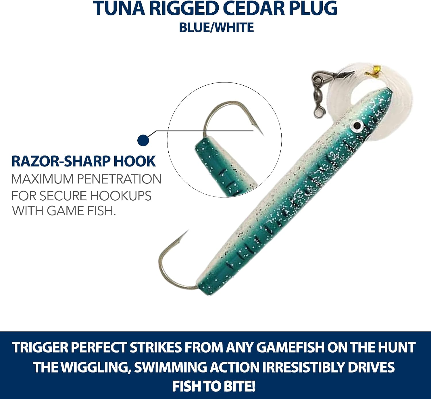 6" Cedar Plug & Jet Head Tuna Lures, 6 Pcs Multi-Style Rigged Set (Includes 6" Cedar Plugs, 7" Flat Jet Lure, 7" Bullet Lure), for Offshore Saltwater Trolling