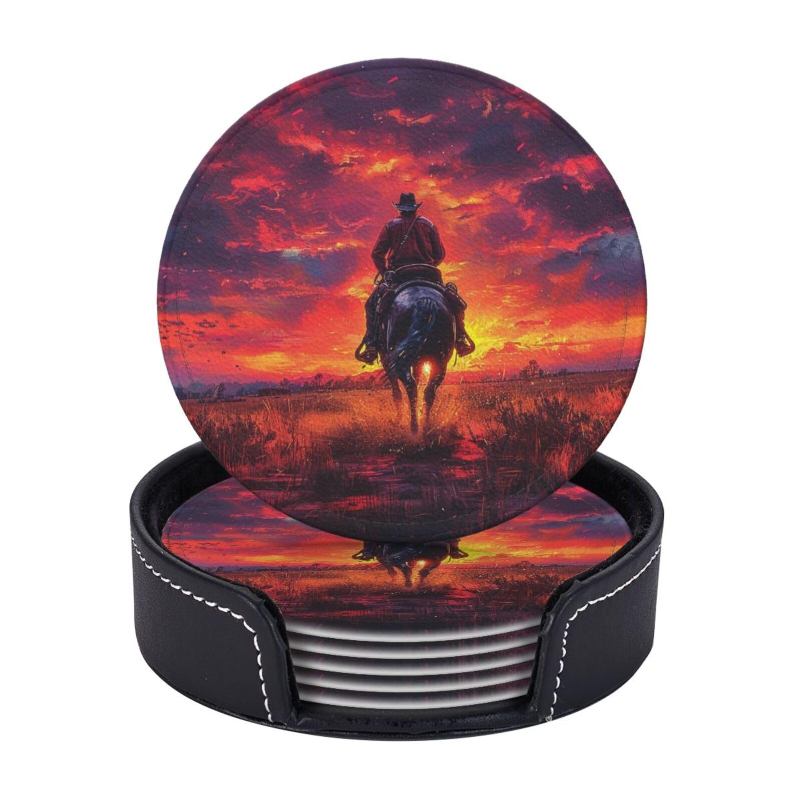 Drink Coasters 6Pcs Round Leather Coaster with Holder Cowboy West Coasters for Drinks Coffee Cup Mat Heat Resistant Coaster for Tabletop Protection Desk Accessories Office Home Decor