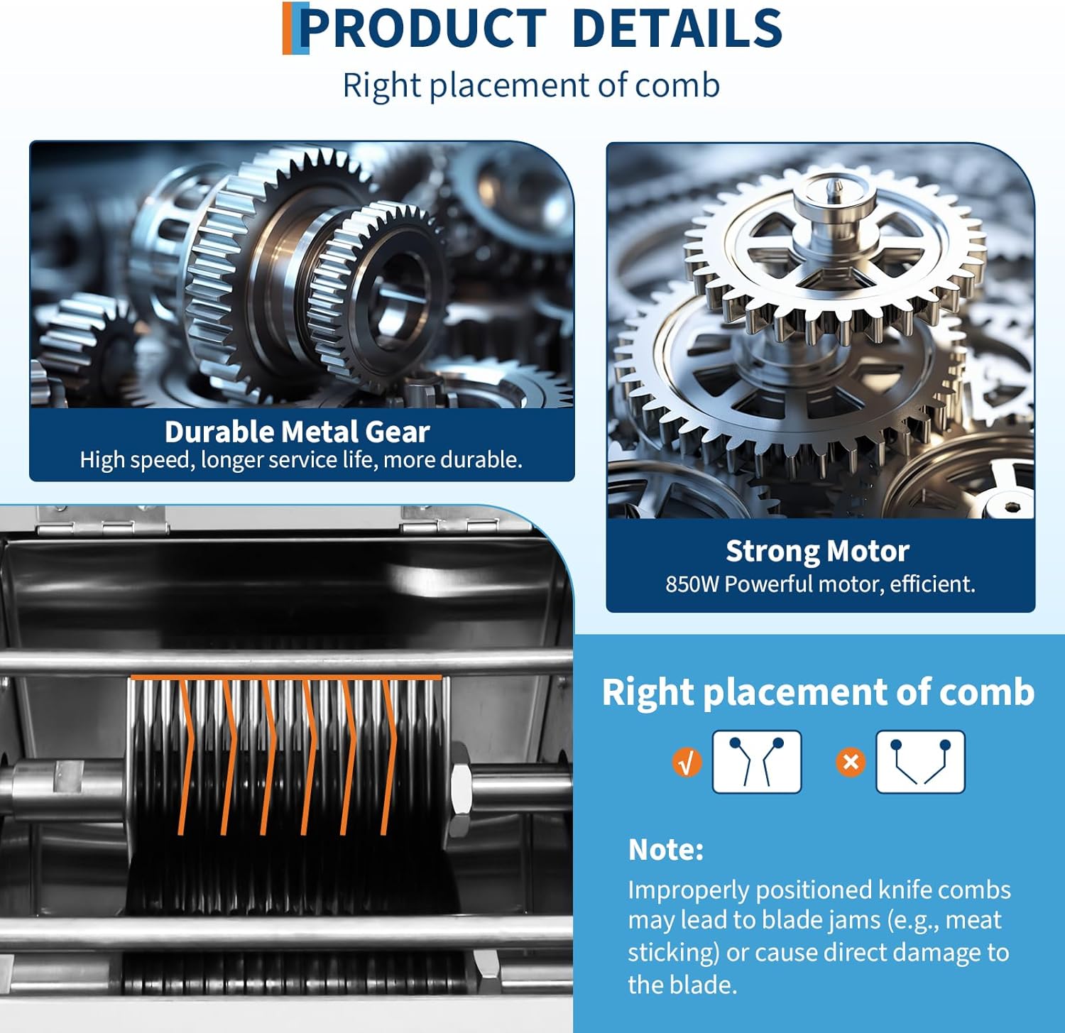 Meat Cutter Machine, 850W, 3 mm Thickness, 350 LB/h, Stainless Steel, Electric Food Cutting Slicer for Home Kitchen, Restaurant, Supermarket
