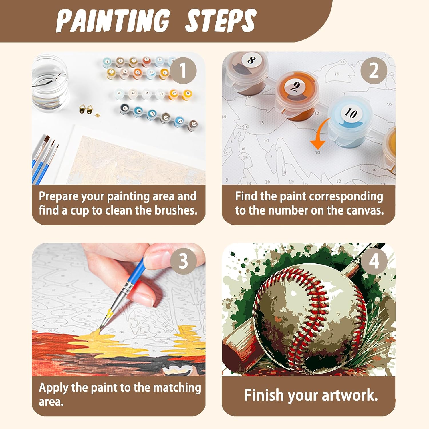 XTCIXAL Framed Paint by Numbers Kit for Adults Beginner & Kids Ages 8-12, Baseball Paint by Numbers for Adults, Acrylic Painting by Number Kits for Home Wall Decor - 10x10 Inch, Includes Easel