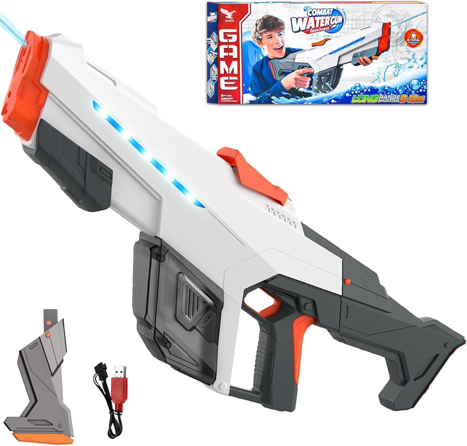 Electric Water Gun, Automatic Water Gun with Water Absorption, 610CC Capacity Double Shooting Mode Water Guns,Range up to 32-45 FT, Summer Water Toys for Pool Party Beach Outdoor