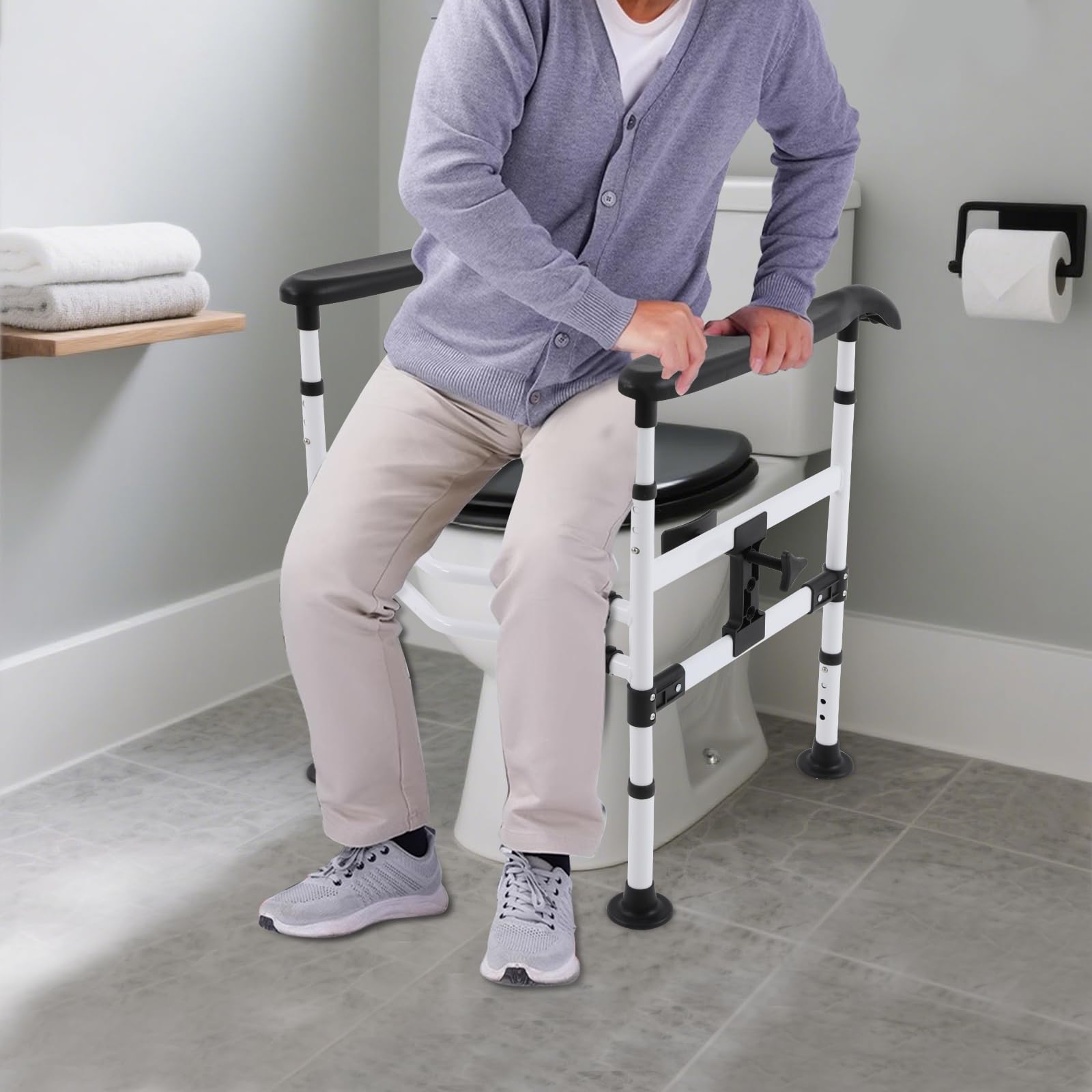 Ayuda para levantarse, mango de seguridad para inodoro, pinzas giratorias de 360°, 4 posiciones, montaje sin agujeros, ideal para personas mayores y pacientes de rehabilitación (incluye correa de