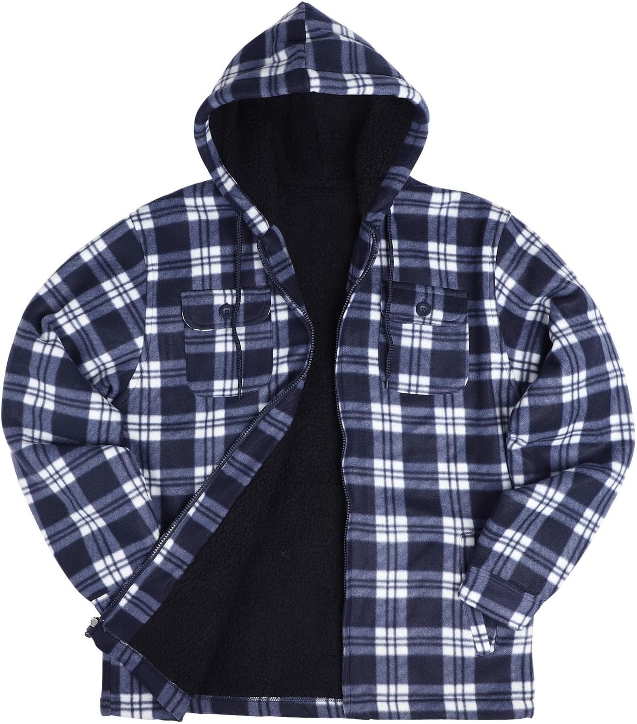 LeeHanTon Mens Sherpa Lined Plaid Hoodie Jacket Heavyweight Full Zip Fleece Coat with Pockets Winter Sweatshirt Big & Tall