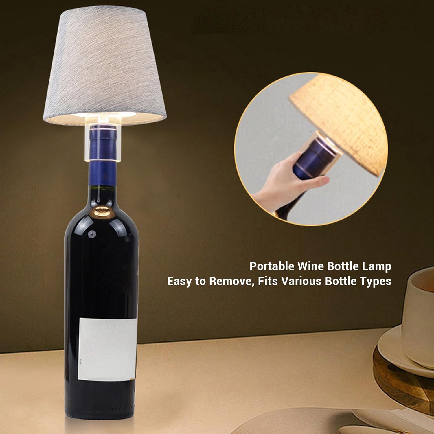 Hilitand Rechargeable Wine Bottle Lamp Wireless LED Bottle Light Fabric Desk Lamp 176lm Brightness Warm White for Bedside Bar Table Decor