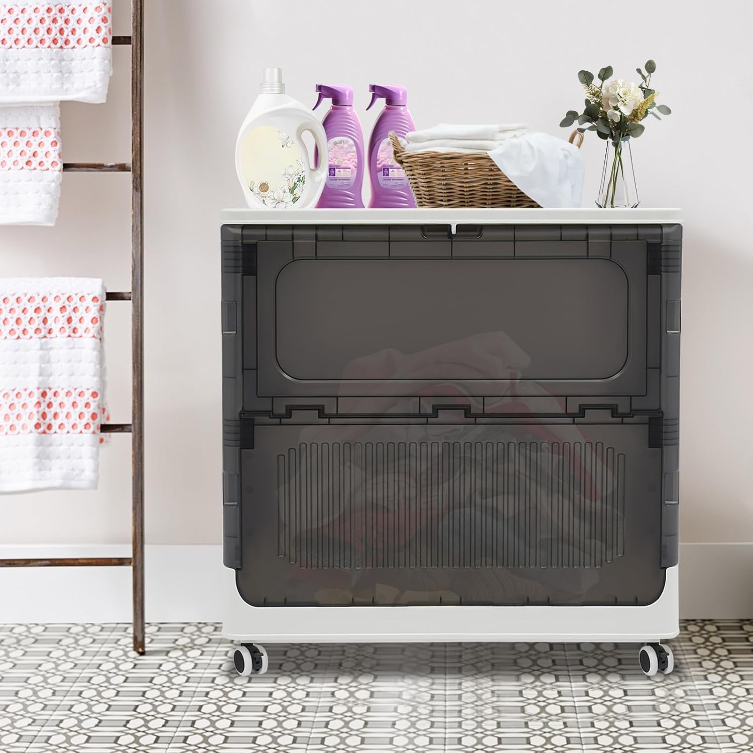 Collapsible Laundry Hamper with Wheels and Lid 32.22gal Large Capacity Rolling Laundry Basket for Bathroom, Dorm, Laundry Room (Grey+White)