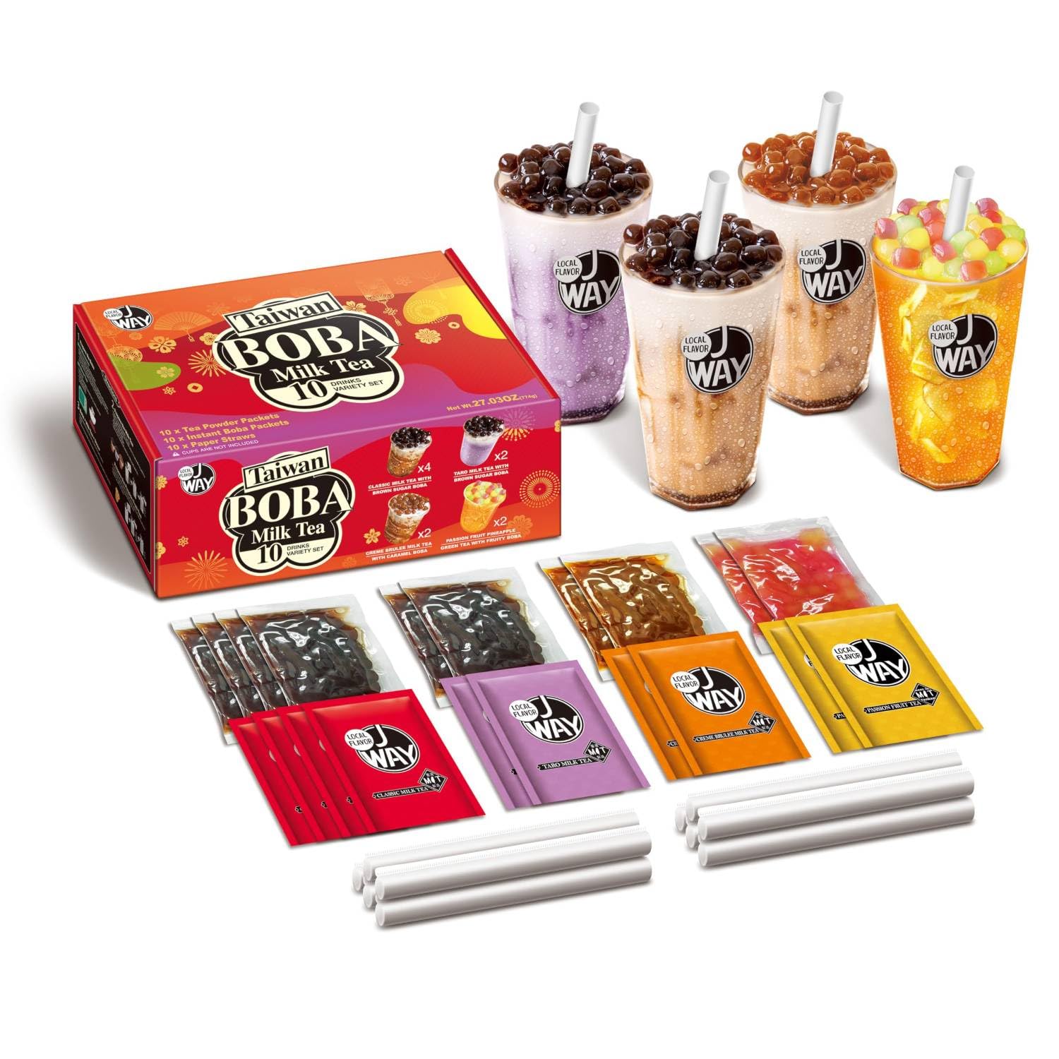 J WAY Instant Boba Bubble Pearl Variety Milk Tea Fruity Tea Kit with Authentic Brown Sugar Caramel Fruity Tapioca Boba, Ready in Under One Minute, Paper Straws Included – Gift Box – 10 Servings