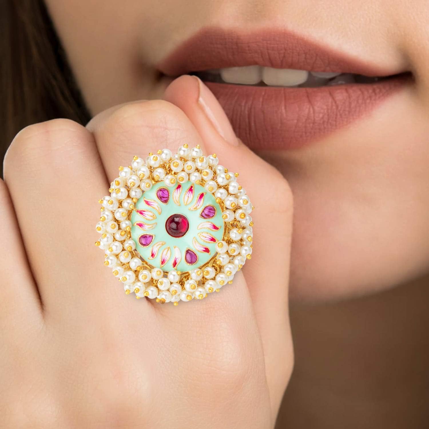 Aheli Kundan Faux Stone Studded Adjustable Statement Finger Ring Indian Ethnic Wedding Festive Wear Fashion Jewelry Gift for Women