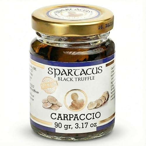 Spartacus Carpaccio de trufa negra de 3.17 oz – Trufas en rodajas en aceite de oliva virgen extra – Delicias gourmet navideñas para pasta, risotto