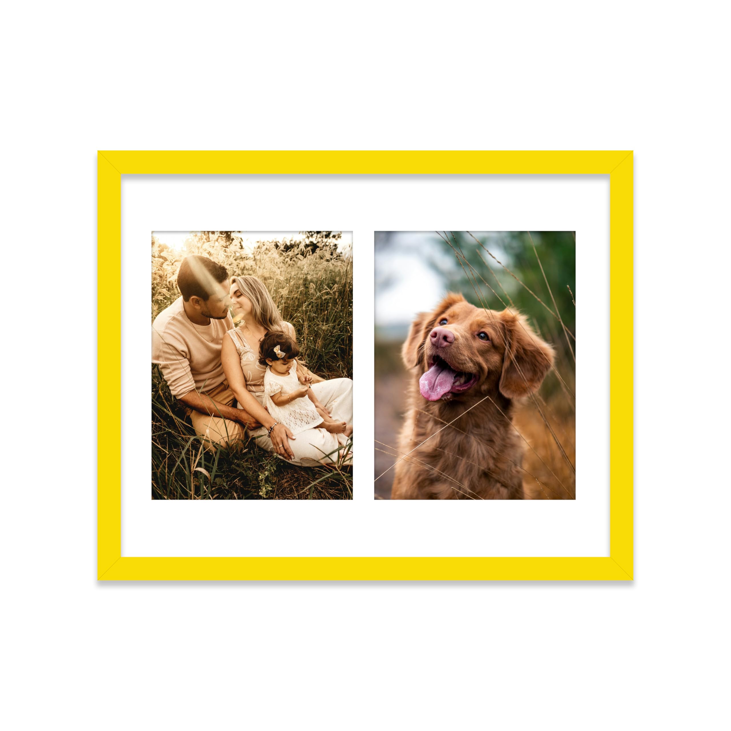 14x11 Inch 2 Opening Photo Collage Frame, Display Two 8x6 Inch Photos, Multi Aperture Family Picture Frame, Thin 22mm Edge, Yellow