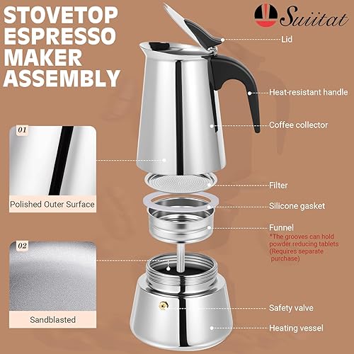 Miniatura 2 de Moka Pot, 4 tazas (7.1 onzas) para máquina de café expreso, olla moka de acero inoxidable 304, compatible con inducción, color plateado