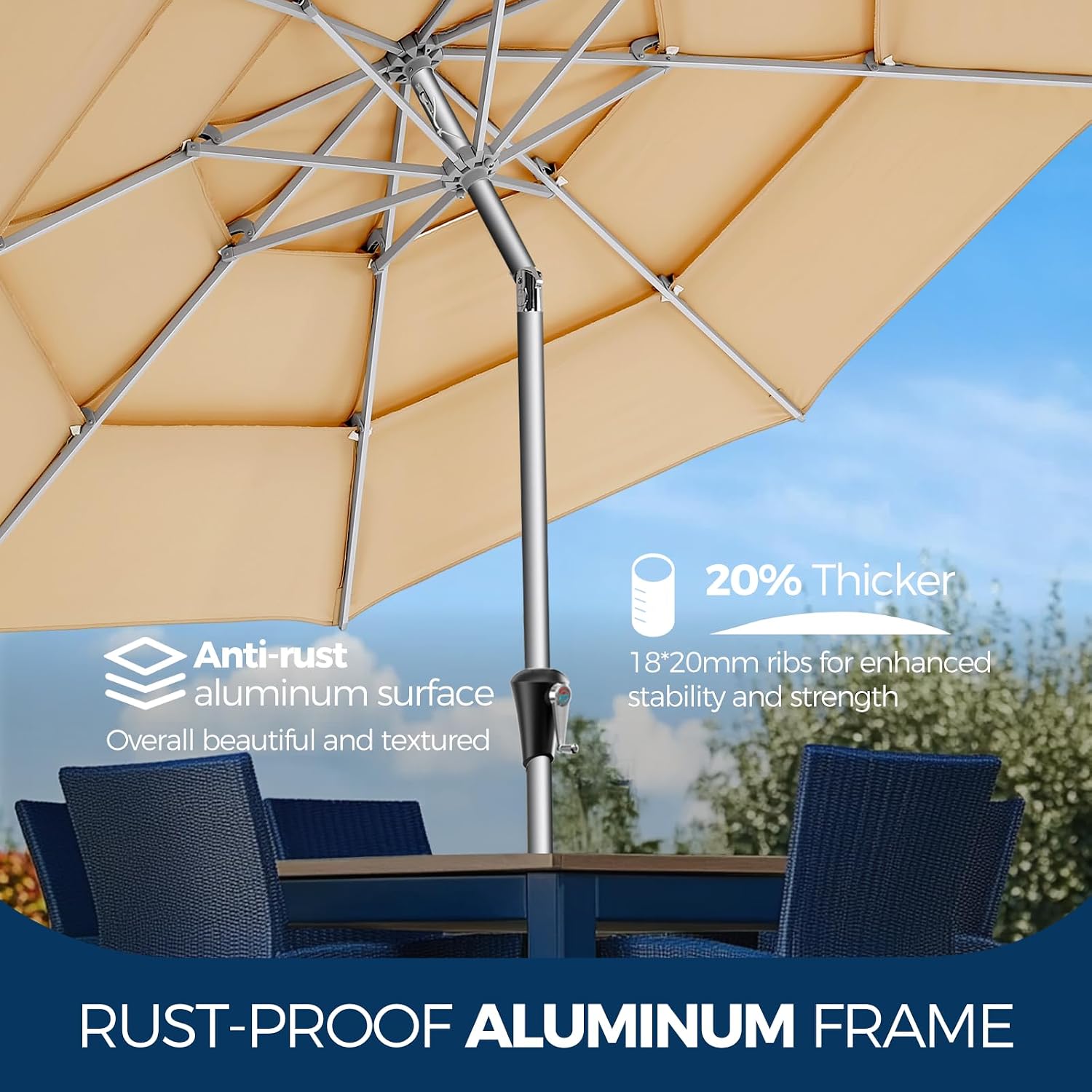 HOMSHADE 9ft Aluminum Patio Umbrella - 3 Tiers Vented Outdoor Commercial Market Table Umbrella, Heavy Duty Wind Proof Deck Pool Umbrellas UPF50+ UV Protection 5-Year Fade Resistant (Beige)